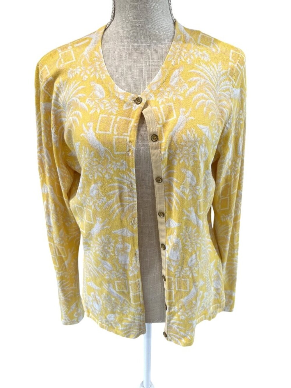 J. McLaughlin Womens Yellow Botanical Cardigan Sweater Size L